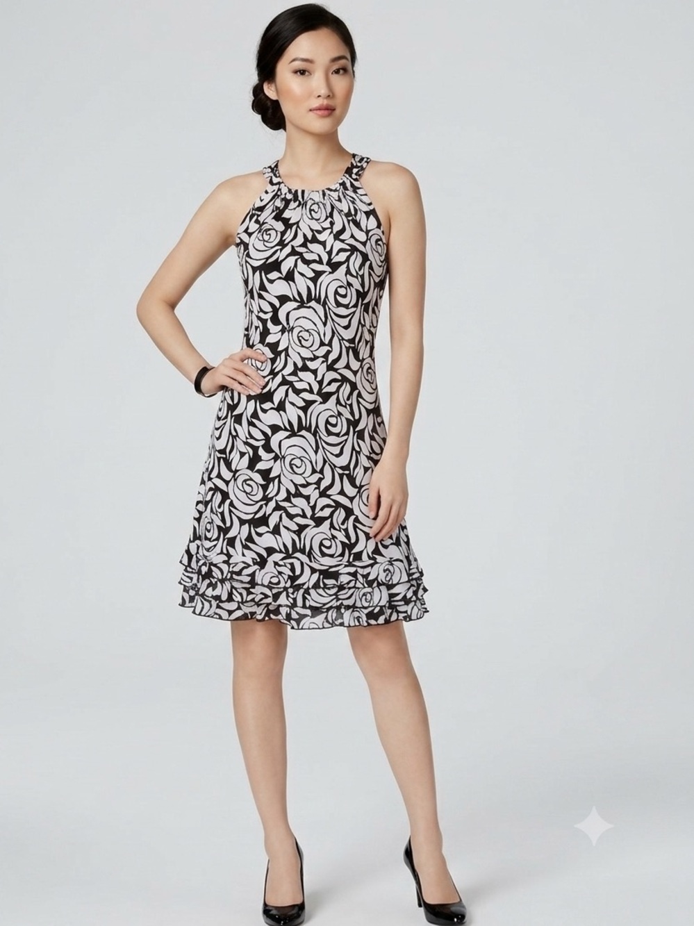 NWT MSK White Black Embellished Sleeveless Floral-Print Dress XL
